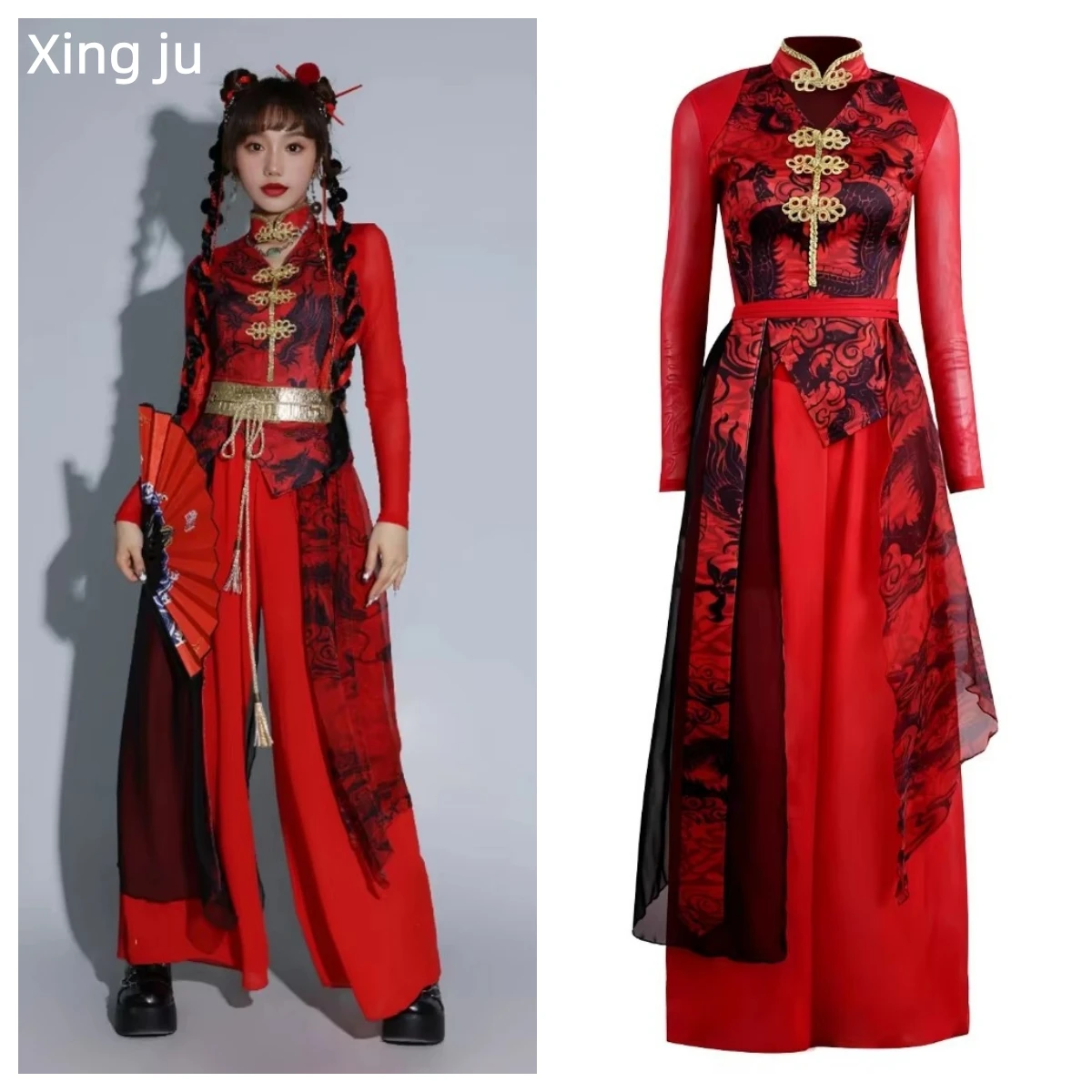 

Костюмы для групповых выступлений в китайском стиле Xing Ju: красные платья для фестивалей, праздничные наряды, одежда для джазовых танцев и сценических выступлений