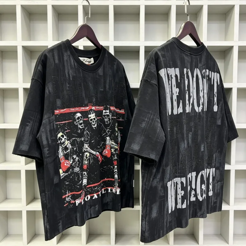 

American Street BKYST T-shirt Fight Club F-Terry Cropped Tee Black Rhinestone Letter Looped Short Sleeve Tops Men Women Outfit