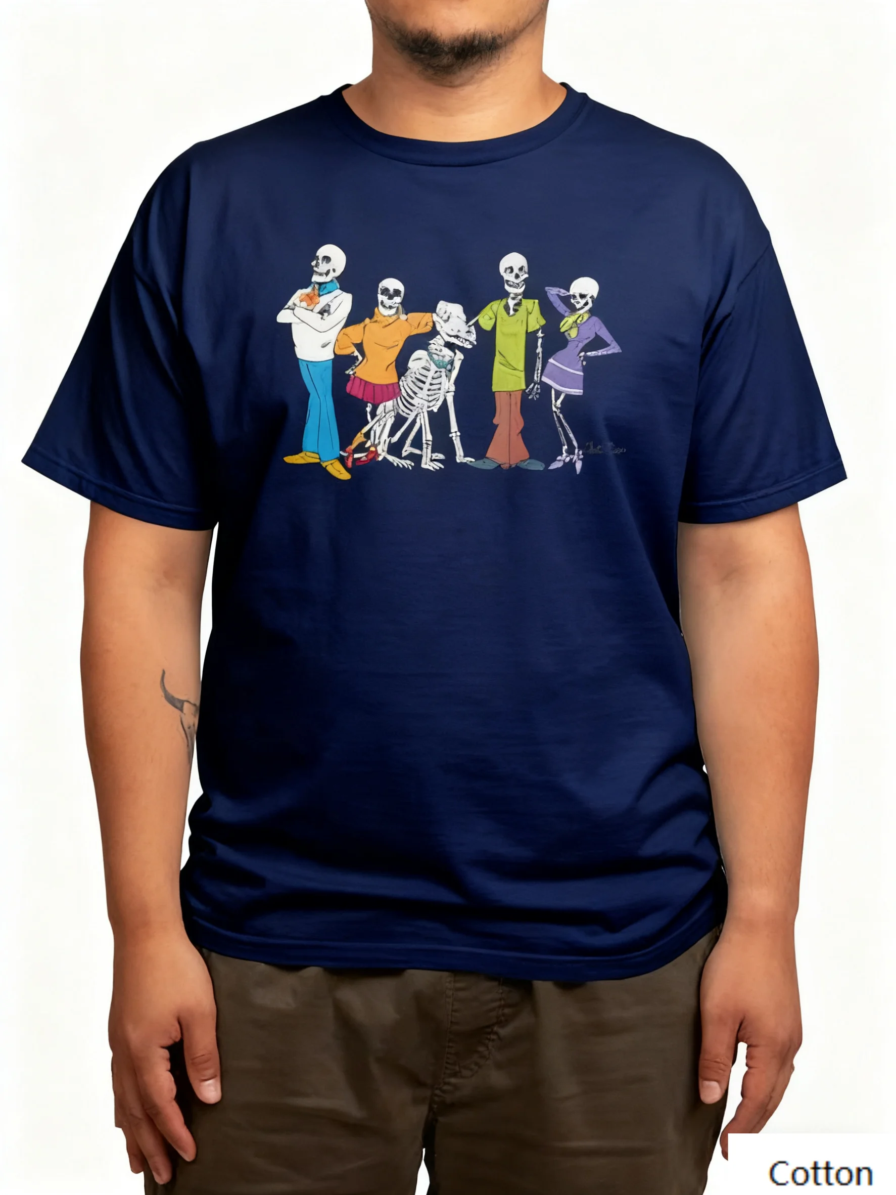 

Nostalgic Spooky “Vintage Skeleton Colorful Crew” Cotton Crew Neck T Shirt with A Creative Print of Skeletons in Vibrant Outfits