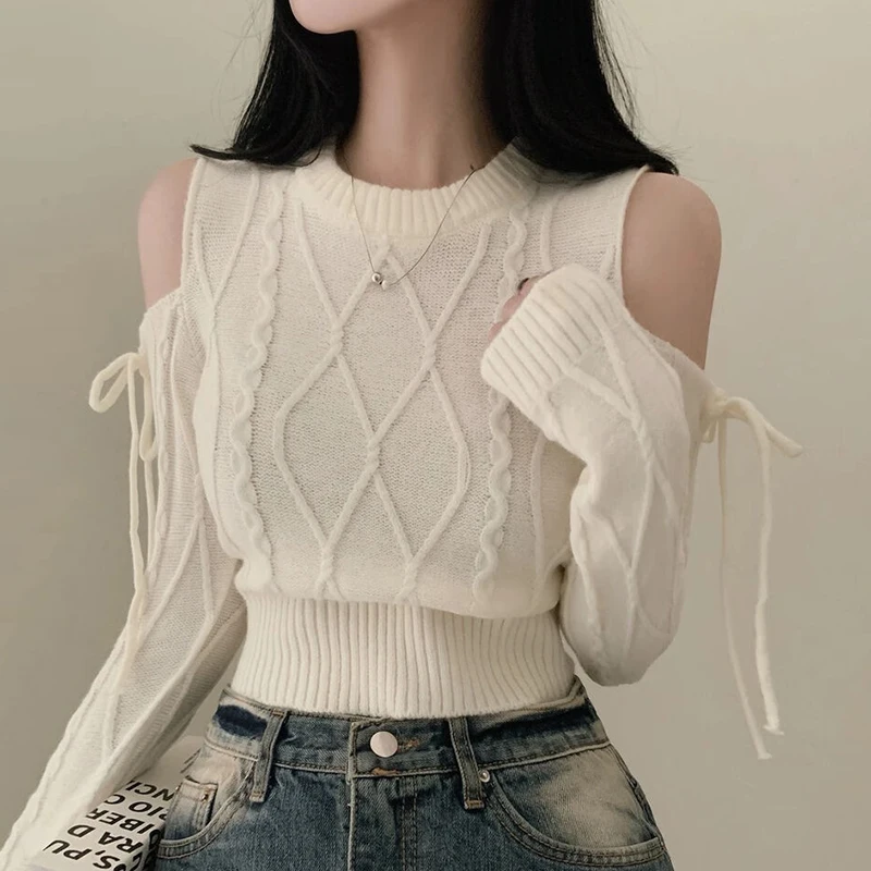 Suéter de Punto Vintage Otoñal Chic, Hombros Descubiertos, Manga Larga, Cuello Redondo, Diseño Trenzado, Ropa Casual de Moda ...