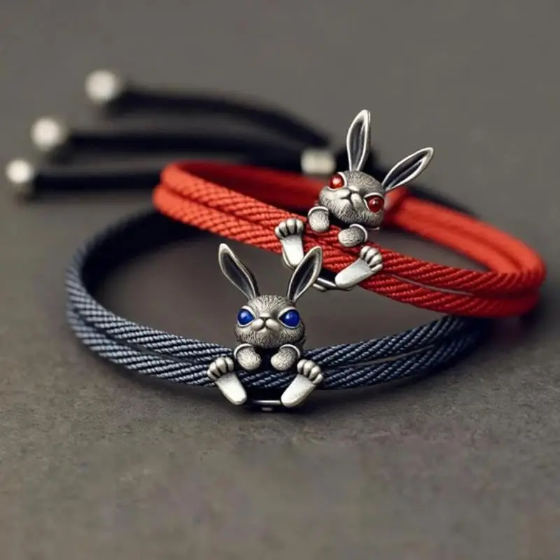 Chinese Zodiac Bracelet 925 Silver Frosted Rabbit Birthday Year Woven Hand Rope Birthday Gift