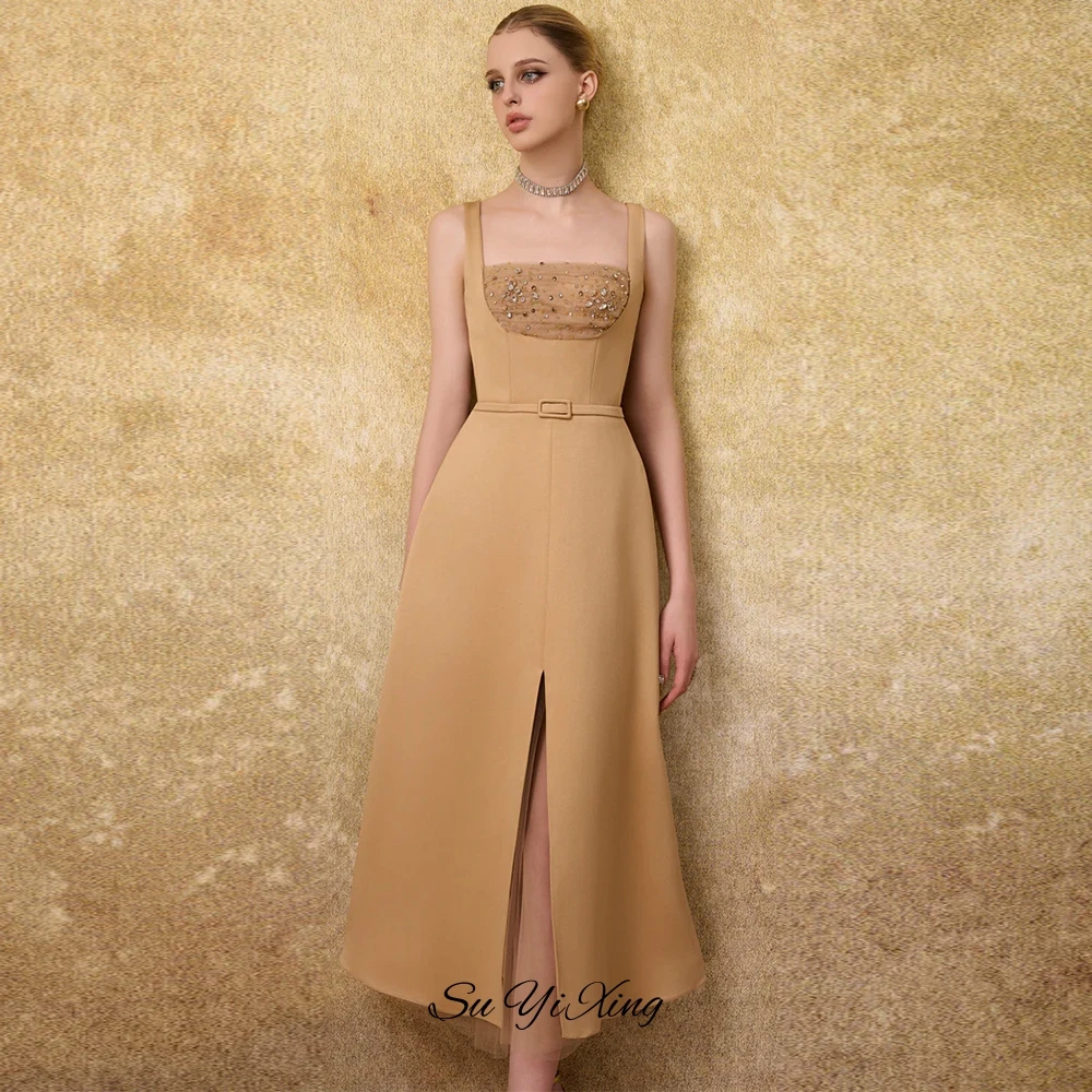 Formal Square Collar Sleeveless Evening Dress Customized A-Line Jersey Robe de soirée Exquisite Crystal Front Slit Party Dresses image 4