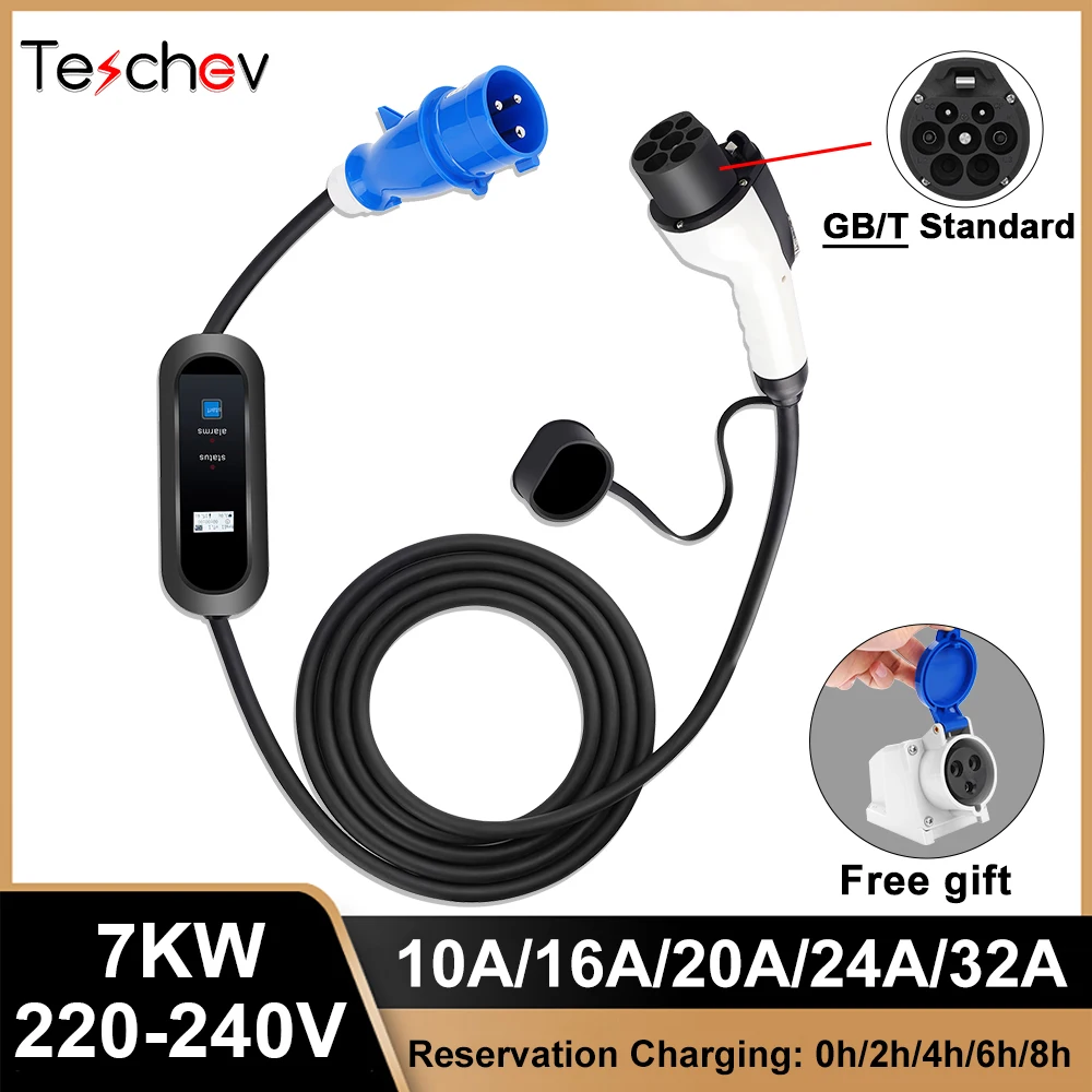 

Teschev EV Charger 32A 1phase Electric Vehicle Wallbox 7kw gbt Level 2 Fast Charging Cable CEE Blue Plug Home Use EVSE Device