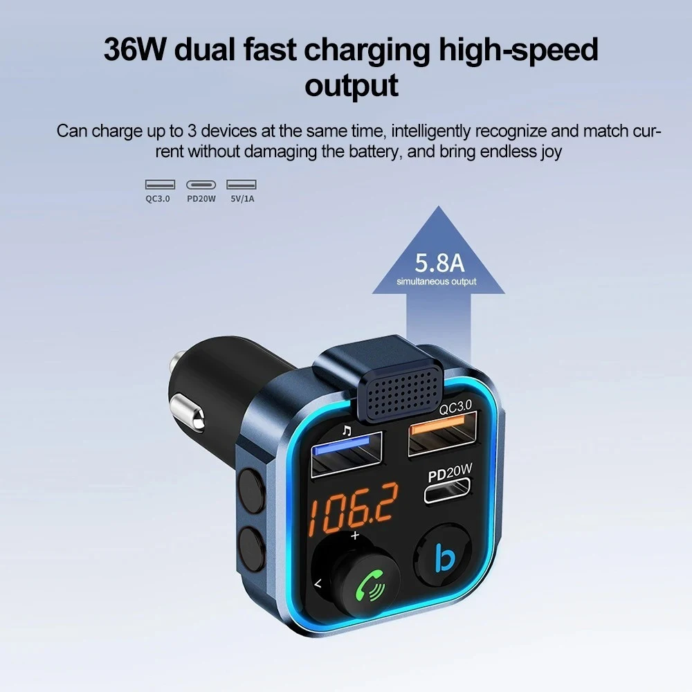 Type C Car Cigarette Lighter Adapter Bluetooth 5.0 FM Transmitter Receiver Auto Radio Handsfree Wireless Car Kit Car MP3 Player