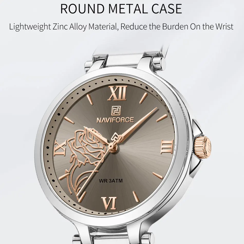 NAVIFORCE Dameshorloge Vrouw Rose Design Klok Roestvrij staal Luxe horloges Eenvoudige zakelijke horloges Dames Relogio Feminino