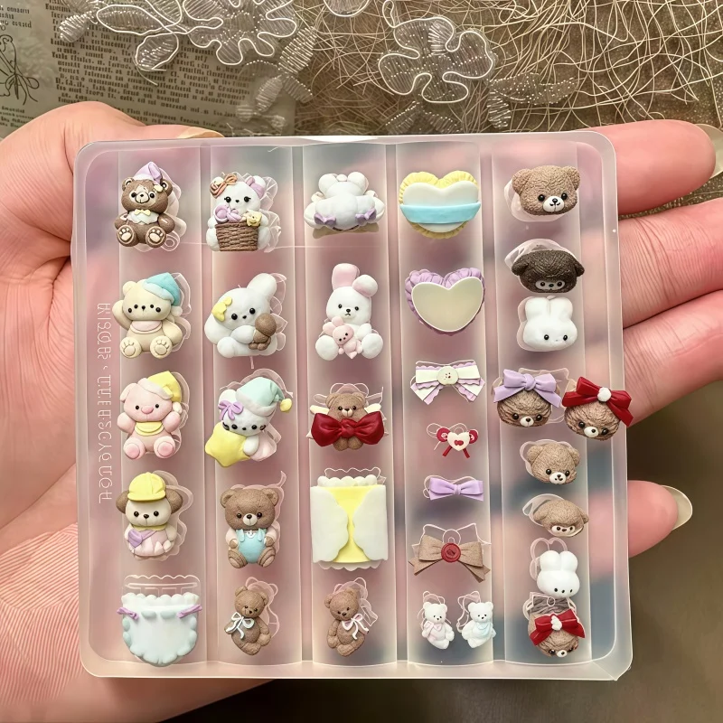 A Cute Little Bear Bunny Heart-Shaped Bow Lace Book cartoon Animal Nail Decoration DIY Transparent Silicone Mold