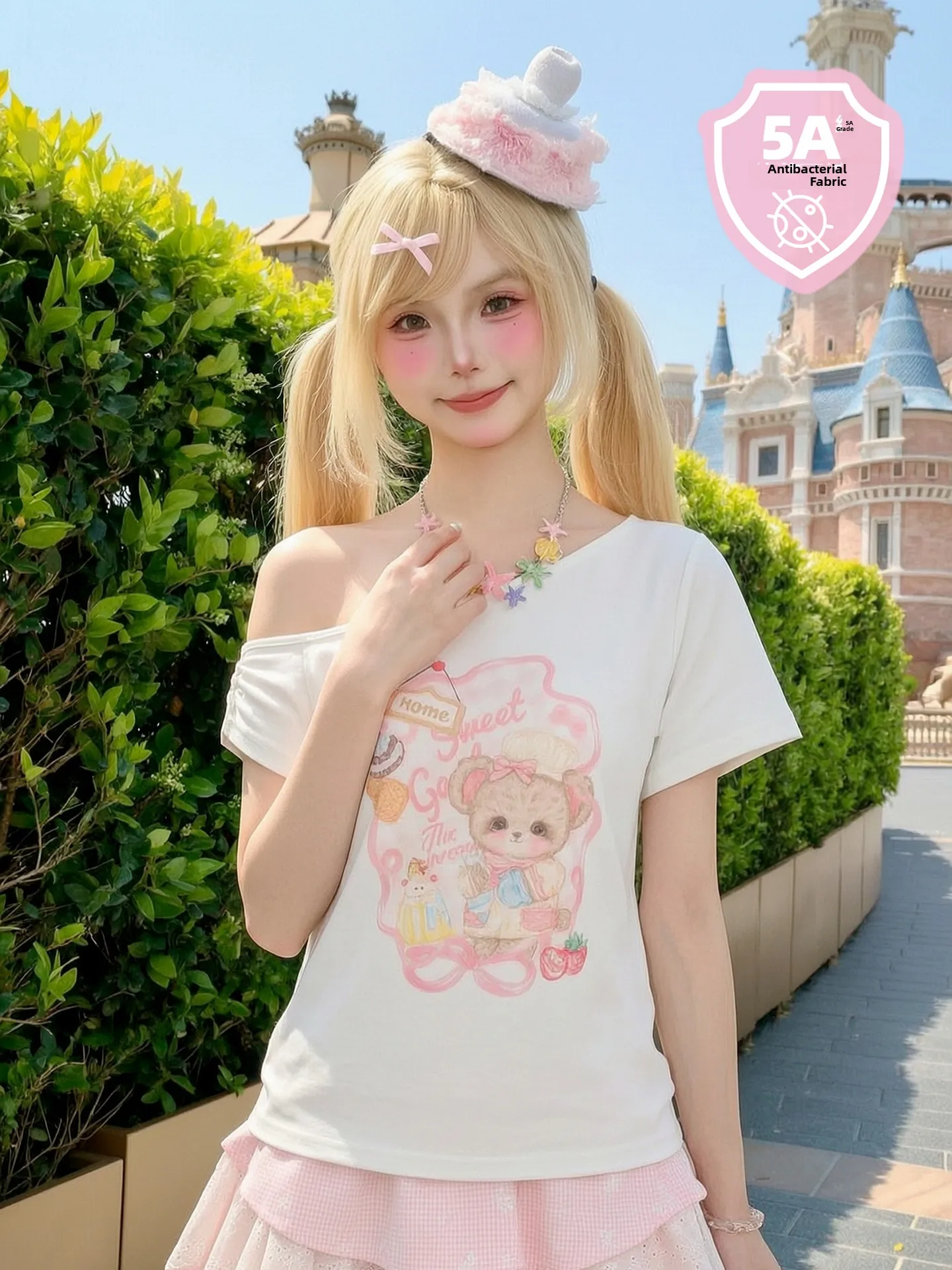 Sweet Style Shoulder Print Bear Short Sleeve Women's T-shirt Summer Casual Cotton Loose Fit Antimicrobial Printed Top