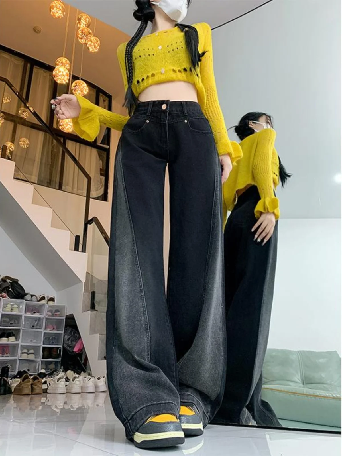 

High Waist Wide Leg Denim Jeans Women's Loose Fit Splicing Color Blo American Straight Leg Pants Summer plus Size