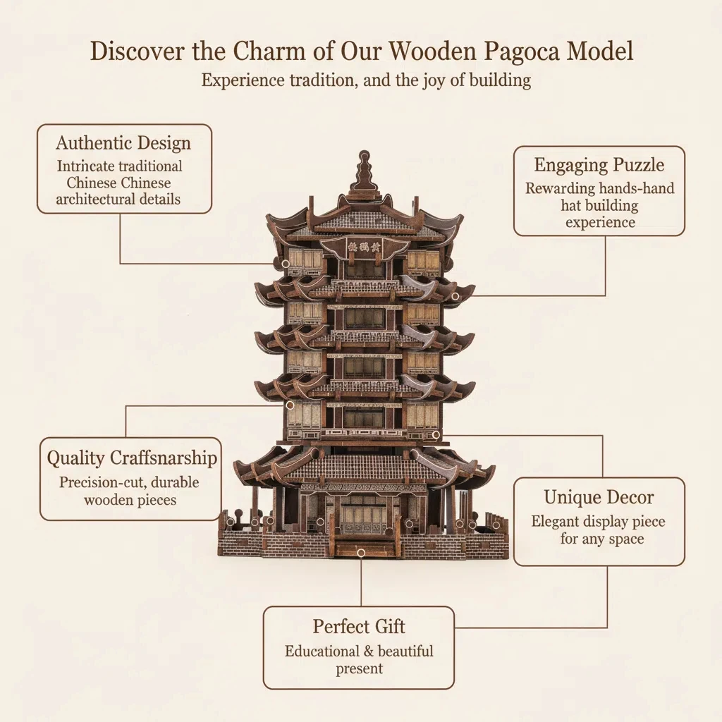 OUZEY 고대 중국 탑 3D 퍼즐 - 목재 건축 모형 조립 키트, 성인 및 청소년용 레이저 컷 DIY 프로젝트 (14세 이상)