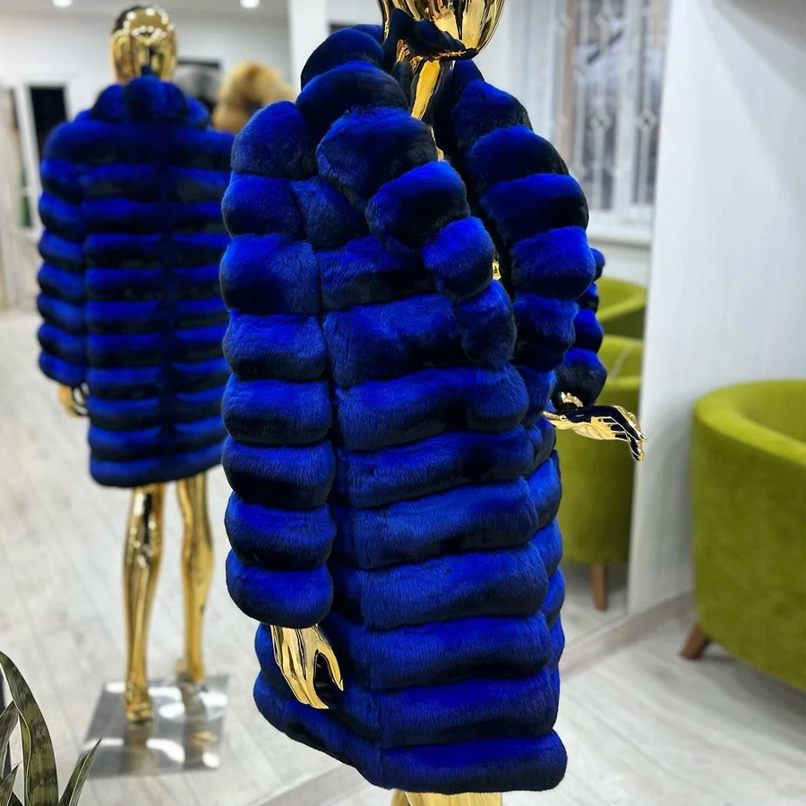 Womens Rabbit Coat With Turndown Collar Real Rex Rabbit Fur Coats 2024 New Chinchilla Color Fur Coats