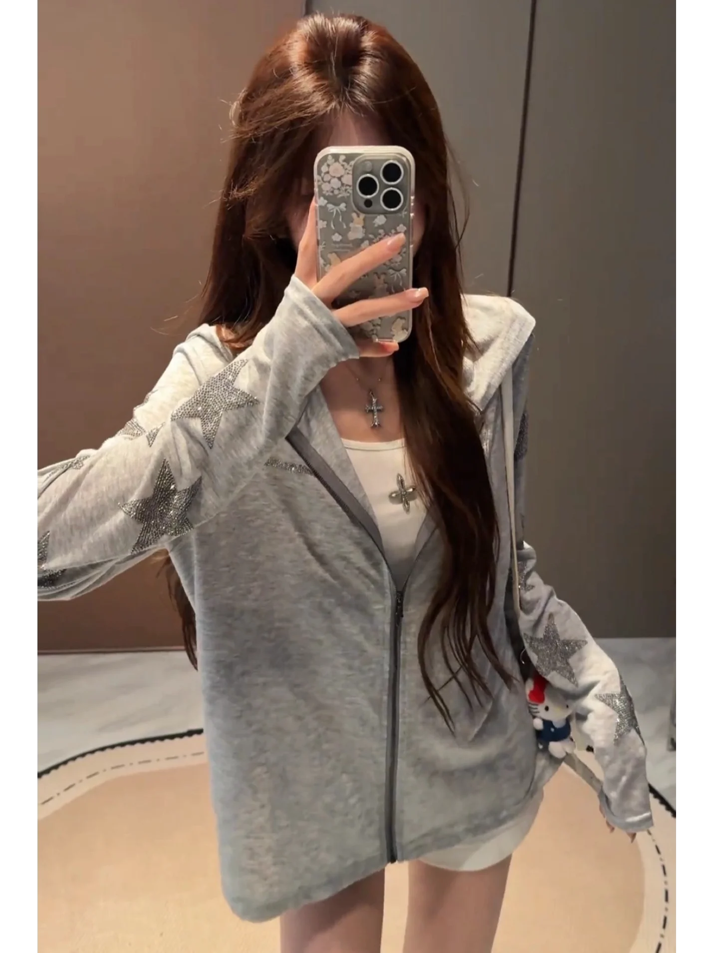 Stars Rhinestone Snowflake Cotton Long Sleeve Hoodie Women's Summer Ultra Beautiful Loose Design Sensation Small Crowd Sunscr...