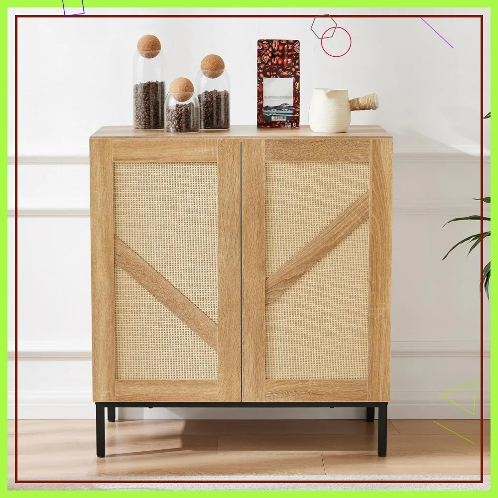 Rattan Buffet Cabinet with Storage, 2 Doors, Metal Base, Adjustable Shelf for Kitchen, Living Room