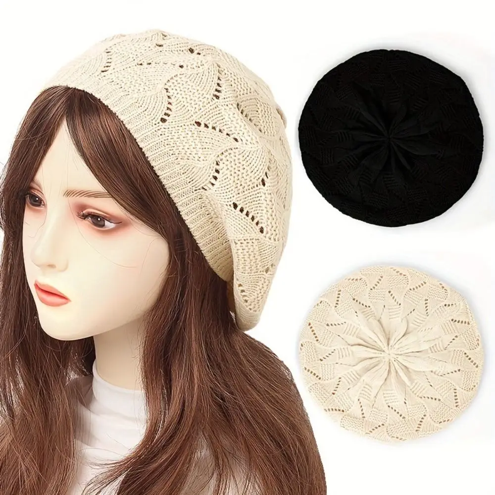 

New Spring/Summer/Autumn Women Knit Beret Hat Hollow Headband French Artist Beanie Plain Color Thin Acrylic Berets Outdoor