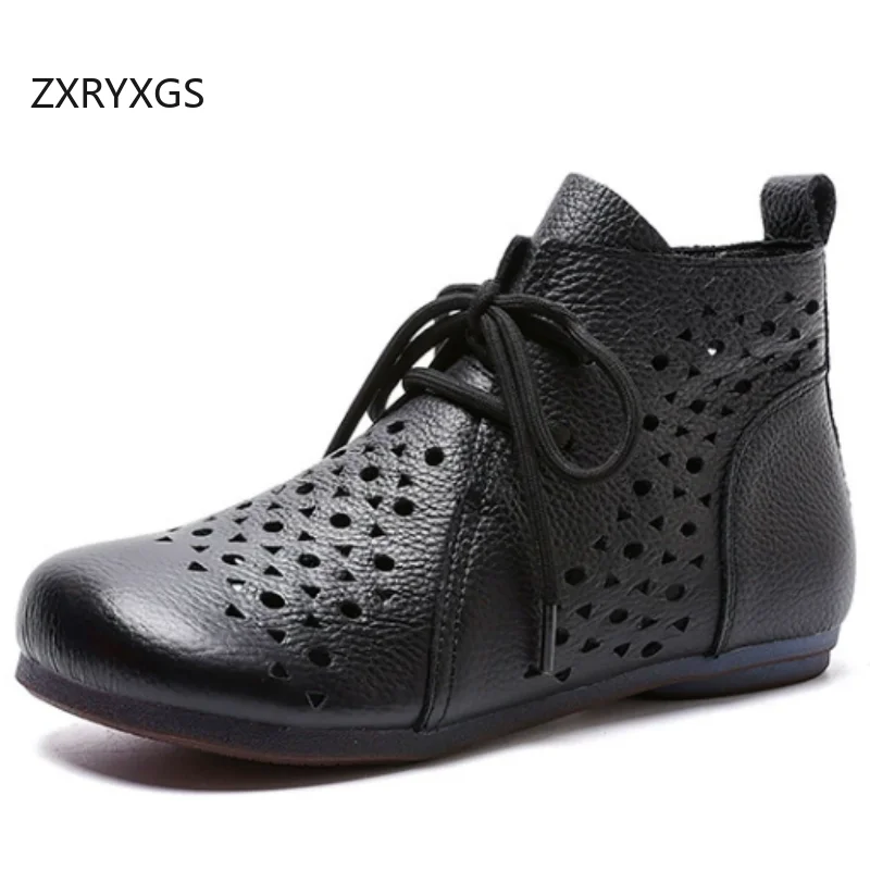 ZXRYXGS Promotion Soft Cowhide Hollow Breathable Boots Flats 2026 New Lace-up Genuine Leather Summer Boots Women Trendy Shoes