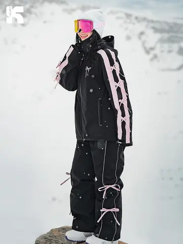 KUFUN Ski Wear Skateboard Bows Waterproof Windproof Lady Thick Winter Coat Snow Jacket Pants Women Sweet Black White Teenagers