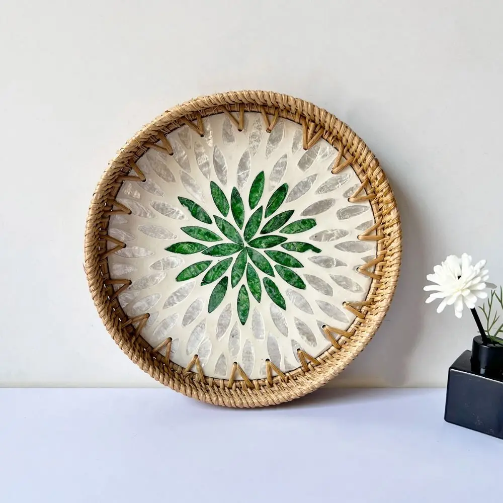 Creative Gift Shell Mosaic Round Woven Tray Home Decor Handmade Decorative Wall Plate Decorative Table Centerpiece