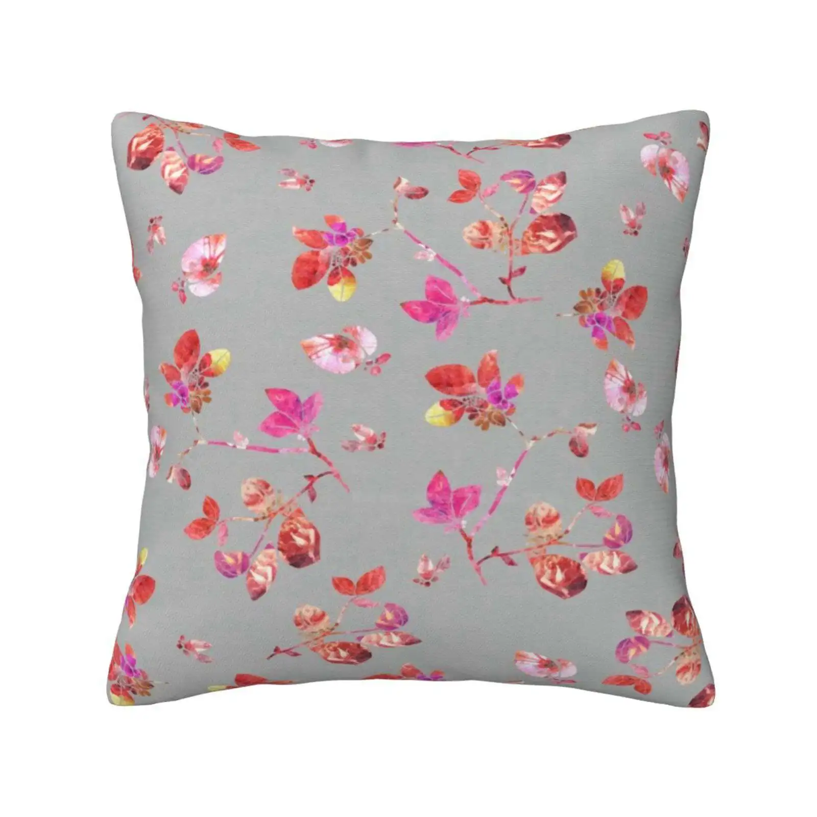 Bloom Funny Cute Decor Square Pillowcase Floral Flowers Nature Pattern Roses Hibiscus Pink Grey Leaves Leaf Collage