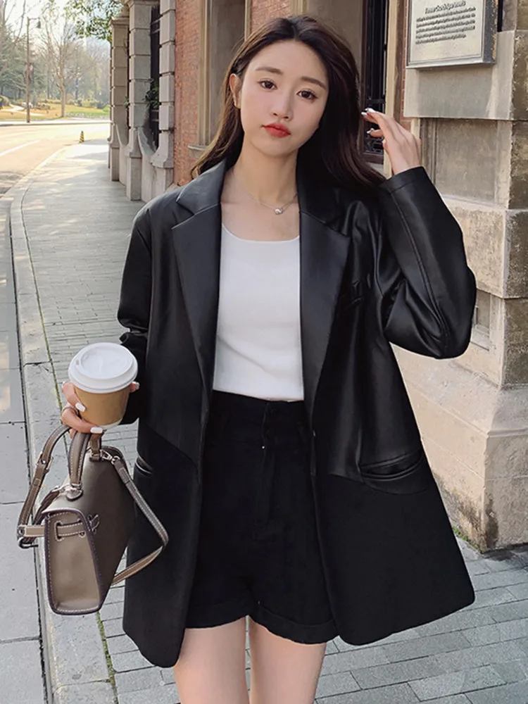 LANMREM Leather Spliced Design Blazer For Women Notched Contrast Color Single Button Coat Streetwear 2024 Spring New 2AA5123