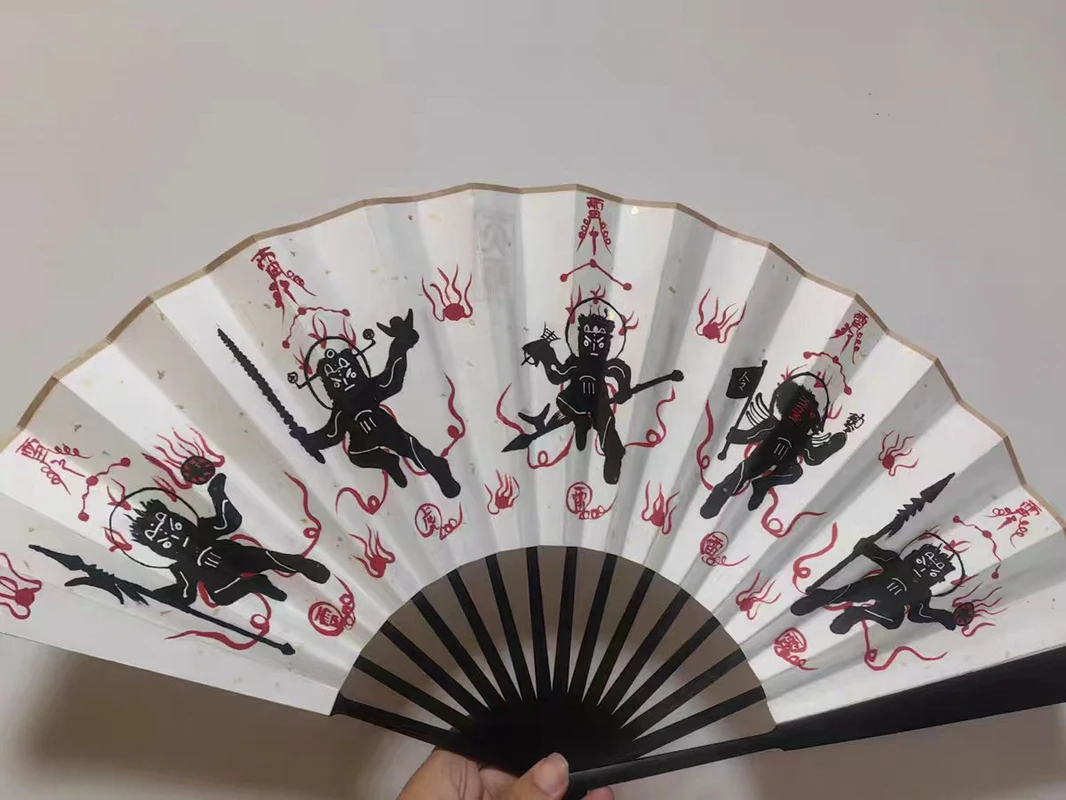 True line diagram, hand drawn, traditional handmade folding fan, five thunder and five path fan, auspicious