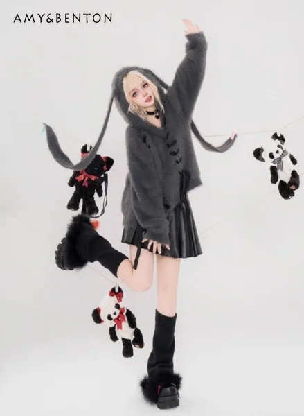 2025 خريف شتاء جديد أرنب الأذن تصميم معطف بقلنسوة سترة معطف لطيف نمط الحلو لينة فضفاضة فتاة سترة رمادية