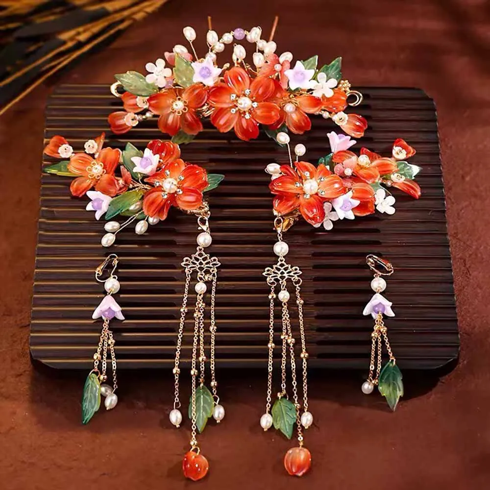 

Orange Flower Hanfu Hair Accessories Set- Comb Tassel Hairpins Floral Hair Crown&Earrings Vintage Chinese Style Bridal Headpiece