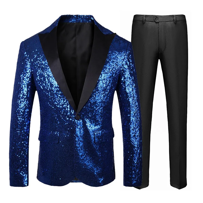 Shiny Blue Sequins Suit Blazer with Pants Set Two-Piece Set Outfit Men Vintage 70s Disco Party Stage Singer Prom Suits for Men