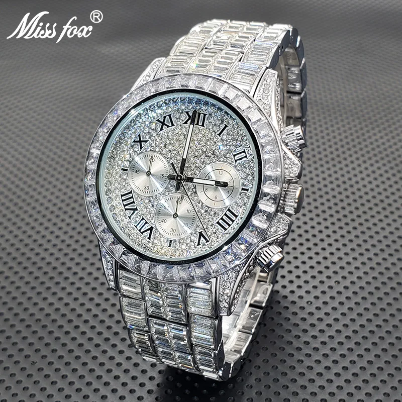 High End Luxury Men Watch Iced Out Spare CZ Diamond Quartz Wristwatch Fashion Silver Stainless Steel Chronograph Clock Hot Sale