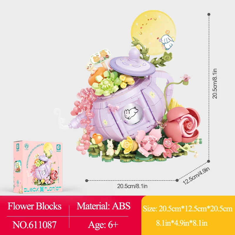 878ピース クリエイティブフラワーワークショップ 組み立てブロック 女の子の誕生日プレゼント 照明付きフラワーティーポット ウサギ 月 可愛いモデル組み立てブロック