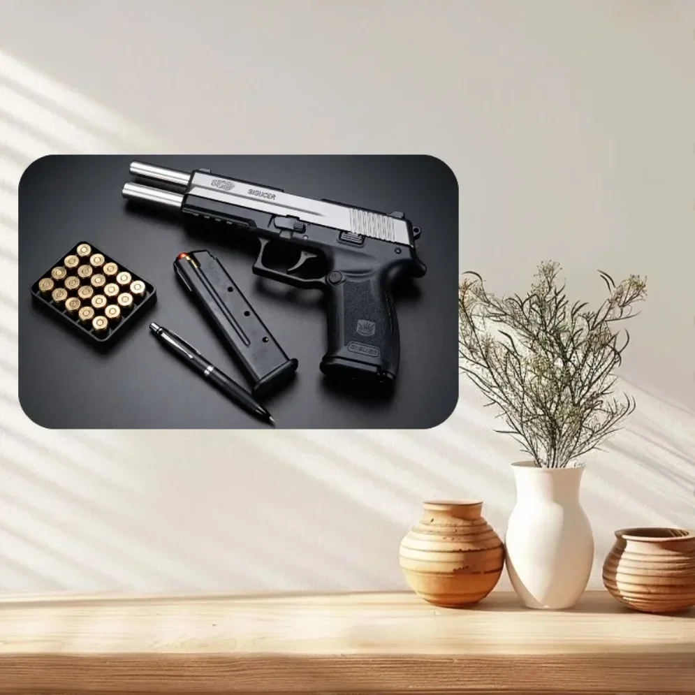 Tactical Pistol & Ammo Tin Sign Metal Wall Art for Gun Enthusiasts Man Cave Bar Garage Stylish Decorative Poster