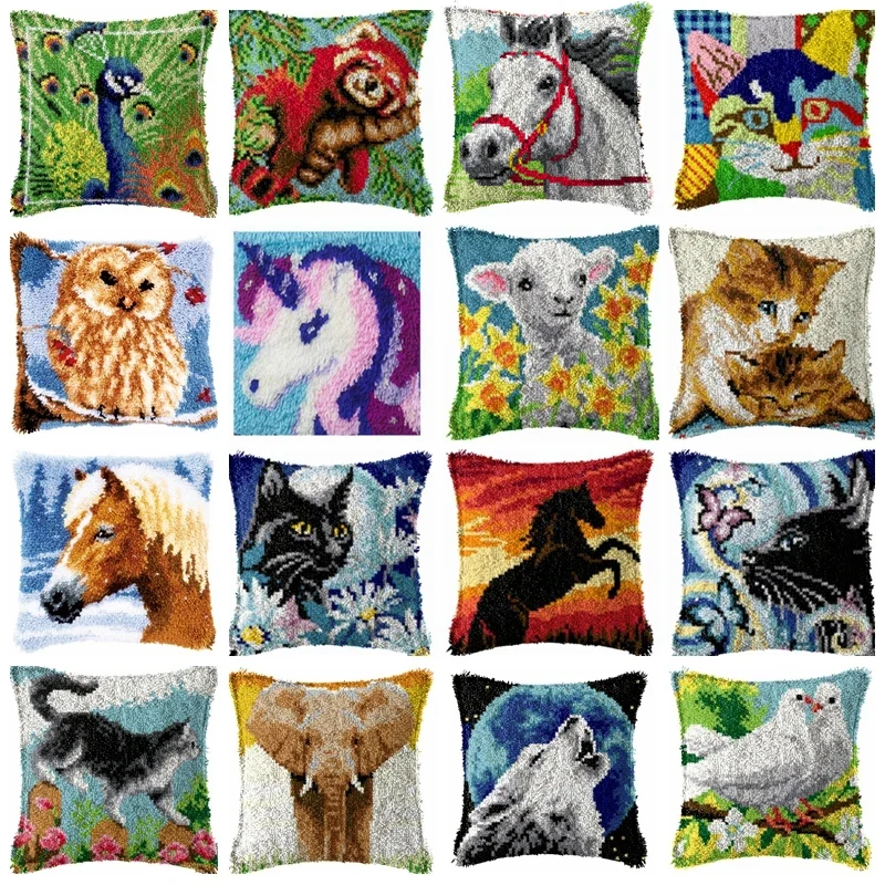 

Cartoon Cat Cross Stitch Latch Hook kit Animal Horse Wolf Embroidery kits Throw Pillow Craft Kits For Adults Home Accessories