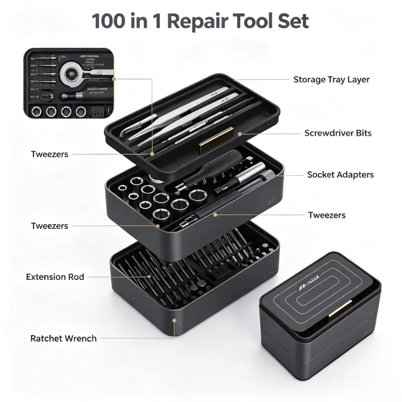 JIMIHOME FM3 100 in 1 Three Specifications Tweezers Storage Tray Layer Bar Extension Rod Screwdriver Ratchet Wrench Set