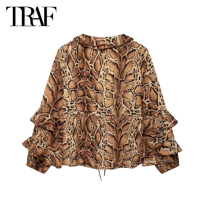 TRAF Shirts&Blouses Women\'s Spring Summer Autumn Leopard Printed Shirts Ladies Fashion Butterlfy Lace-Up Long Sleeve Shirts