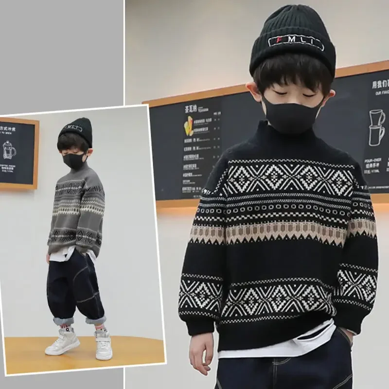 

Boys Sweater Thickened Autumn Winter New Fashionable Versatile Boys Striped Knitted Sweater Children's Top 6 9 10 Years Sweater