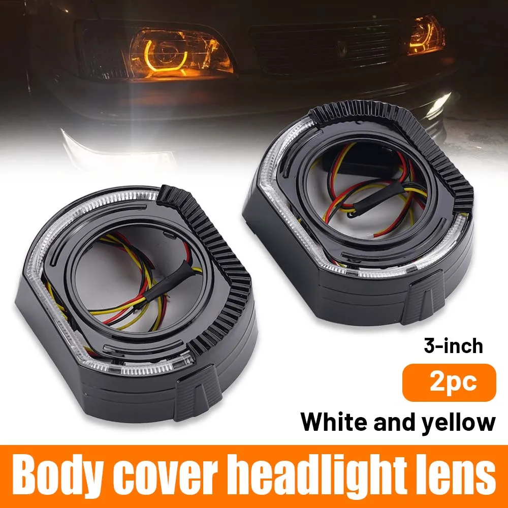 

2 шт. автомобильных передних светодиодных фар с белым/желтым светом, двухцветные, с интегрированными ангельскими глазками, декоративные рассеиватели