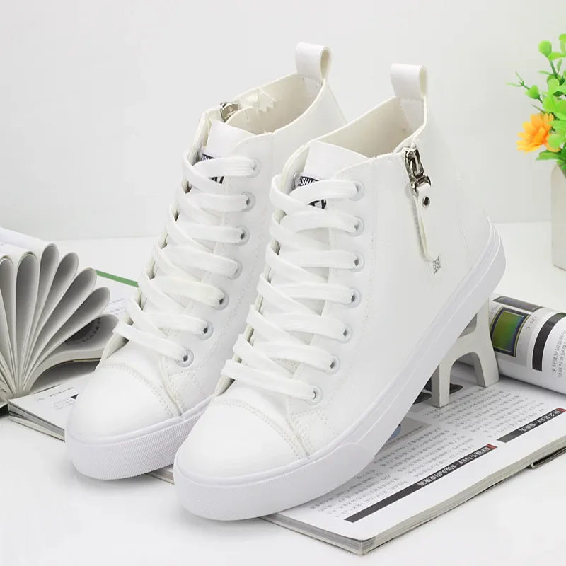 2025 Autumn and Winter New Women High-top Shoes Vulcanized Pu Leather Lace-up Flats Fashion Sneakers Best Sellers Boots Promotin