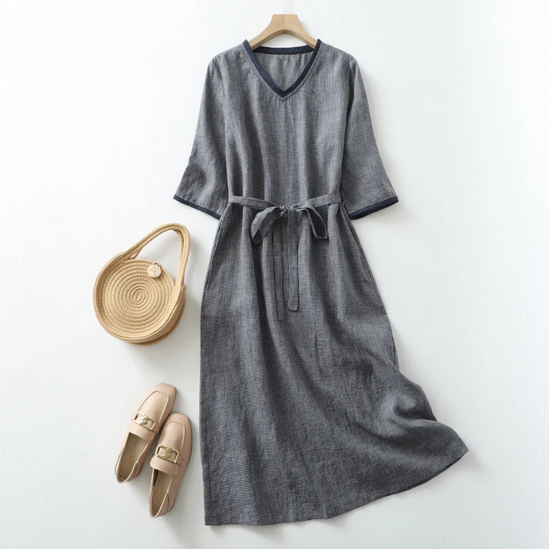 Women Tiny Plaid V Neck Linen Midi Dress Three Quarter Sleeve Belted Loose Casual Summer Dress