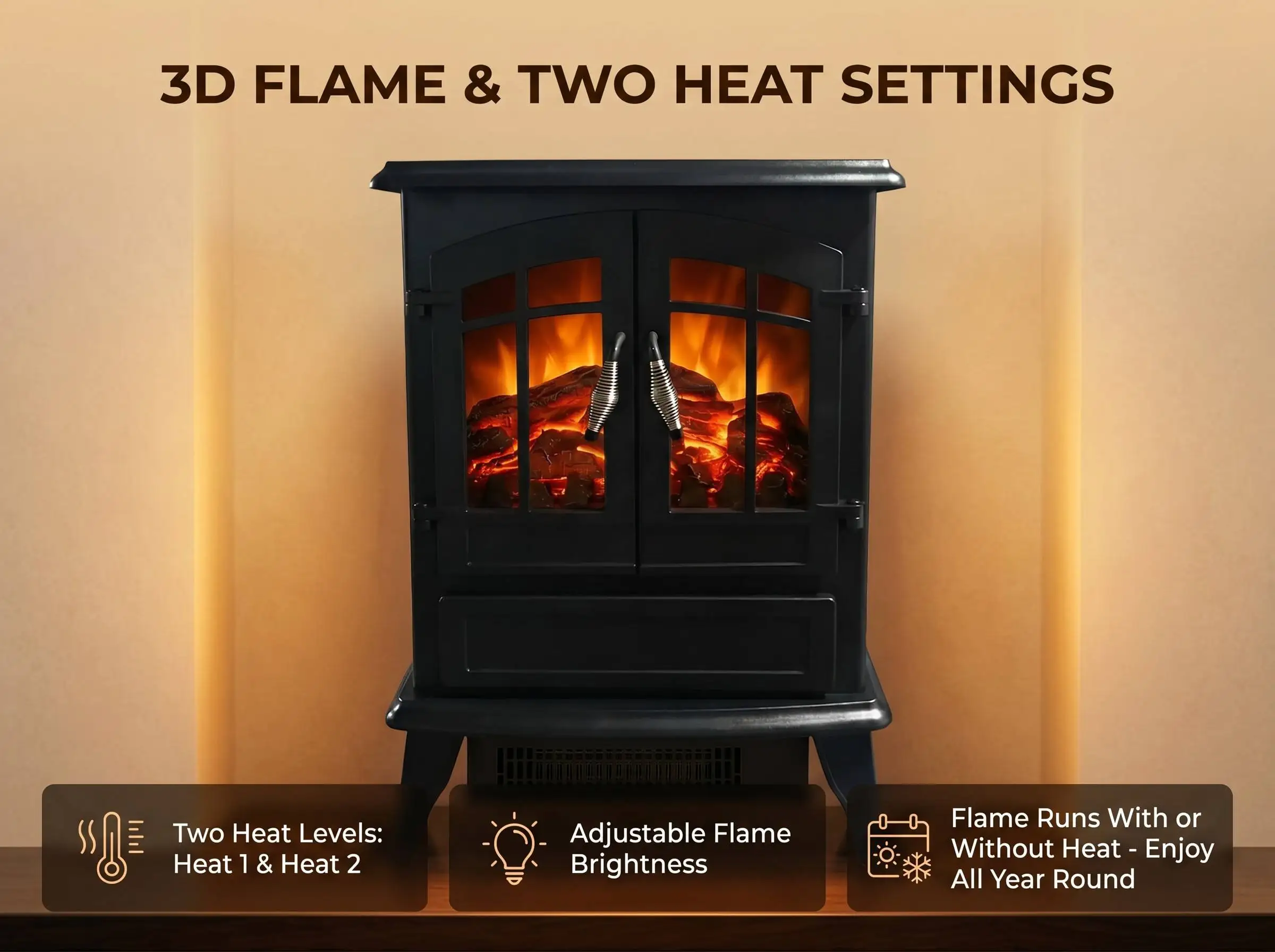 Freestanding Electric Stove Fireplace, 3D Wood Log Flame Effect, Three-Sided Tempered Glass