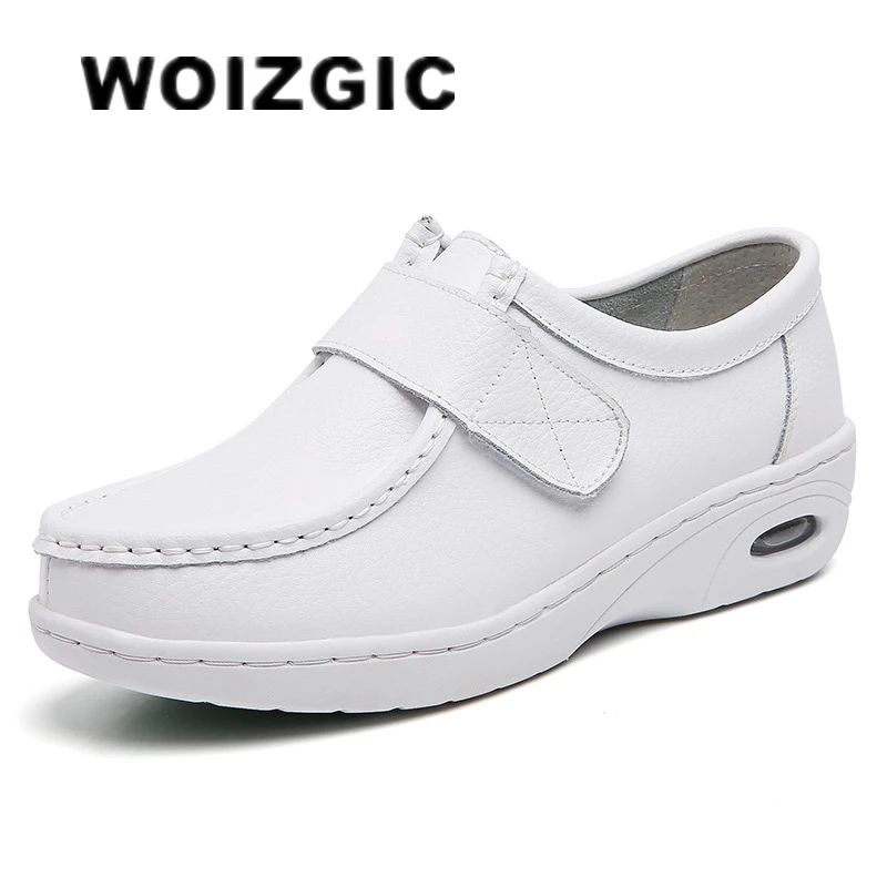 WOIZGIC Women's Female nurse mother Loafers Genuine Leather Flats White Shoes Platform Students Soft Vulcanized Shoes