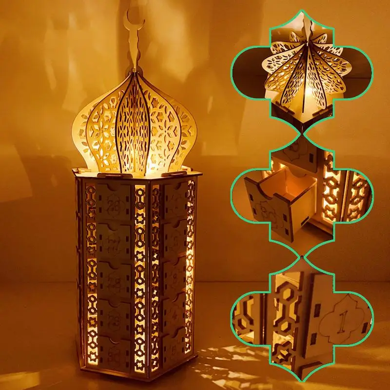 2025 Ramadan Advent Calendar Wooden Castle Calendar Ornament for Eid Mubarak Ramadan Kareem Muslim Party Decoration