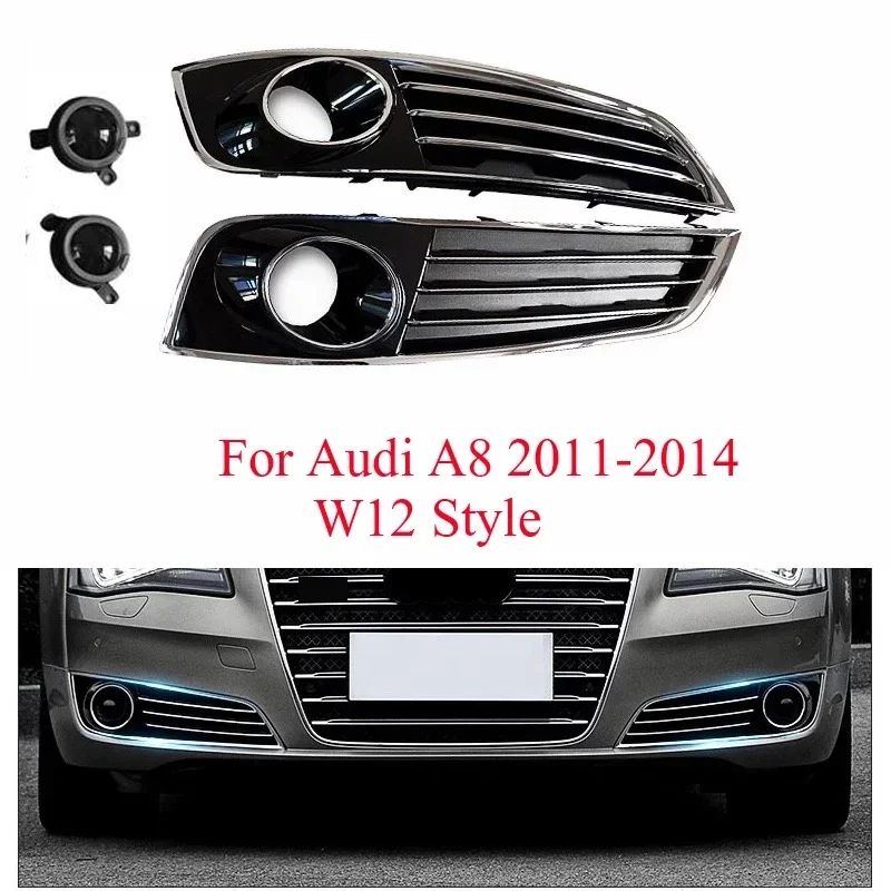 

2 PCS Left & Right Car Front Bumper Fog Lamp Grills ABS Chrome Line With ACC Fits For Audi A8 2011 2012 2013 2014 W12 Style