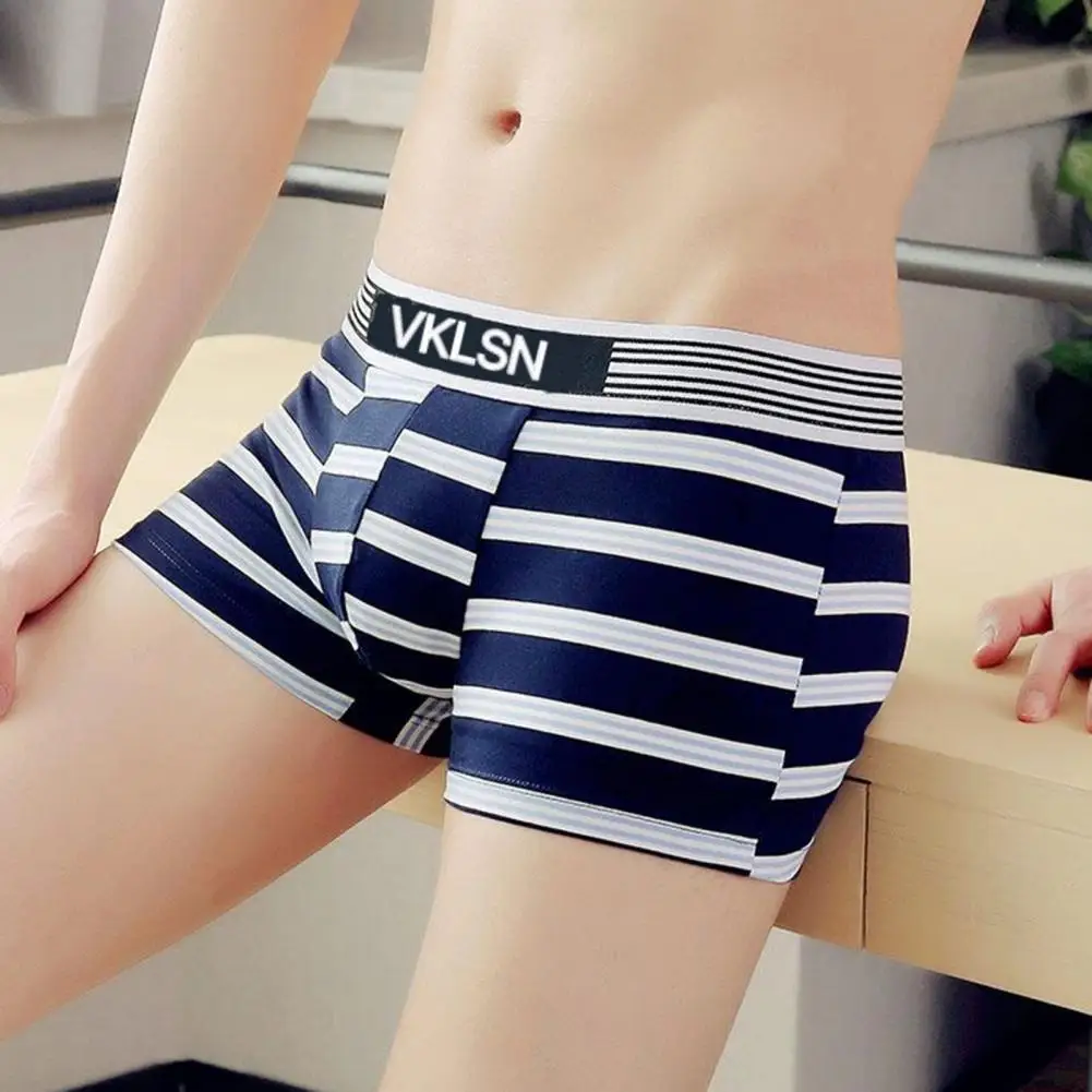

Men Boxer Underwear Mid-rise U-Convex Striped Print Breathable Smooth Lines Shorts Panties Boxers Flat Corner Traceless Pants