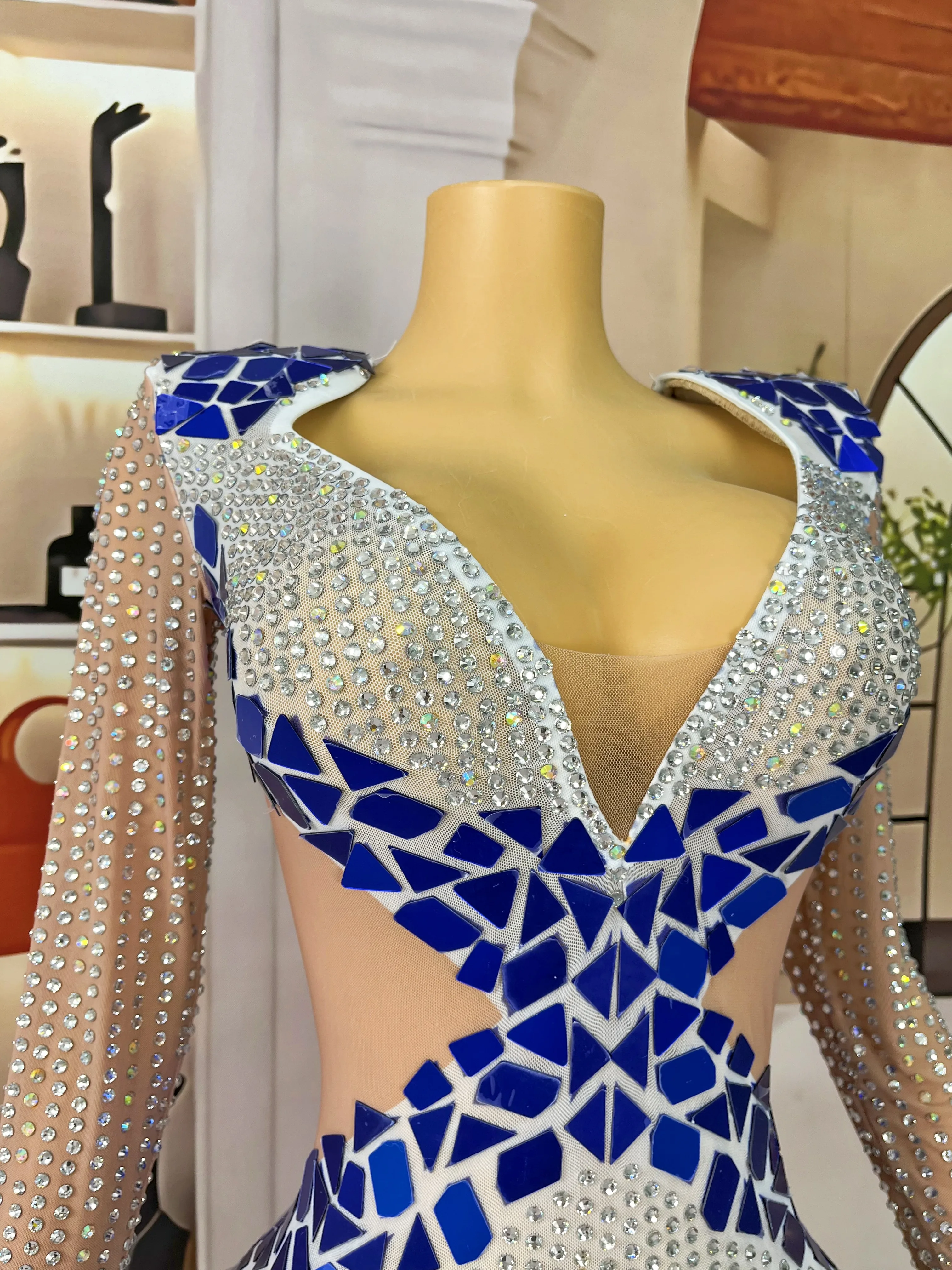 High Quality Sparkly Rhinestones Mirrors High split V-neck Dress Party Evening Outfit Red carpet Gown Stage Costume Jiaochajing