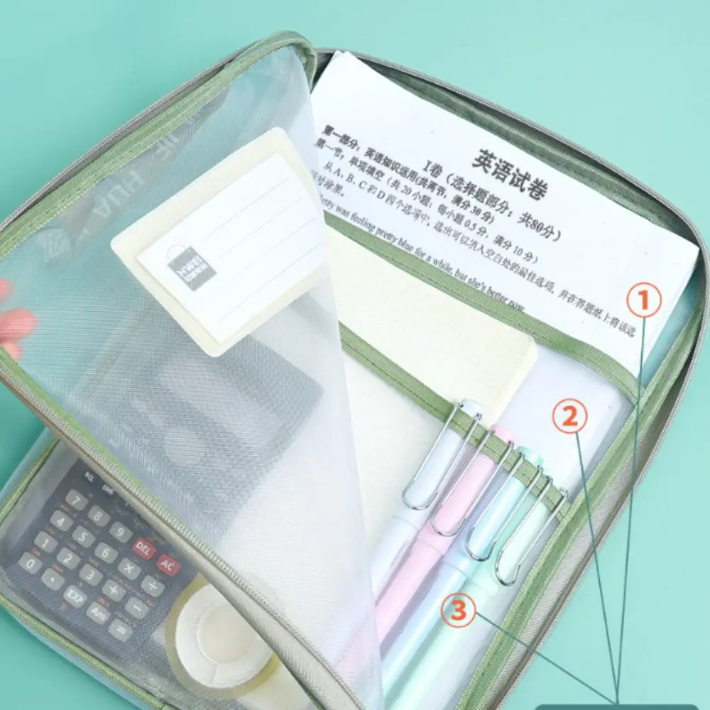 Thickened Test Paper Storage Bag Three-layer Partition Mesh File Folder Bag Large Capacity Portable Stationery Organizer Pouch