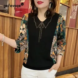 2023 Spring and Autumn Women's New Fashion Elegant Shirt Hot Diamond V-Neck Large Loose Casual Versatile Long Sleeve Bottom Top