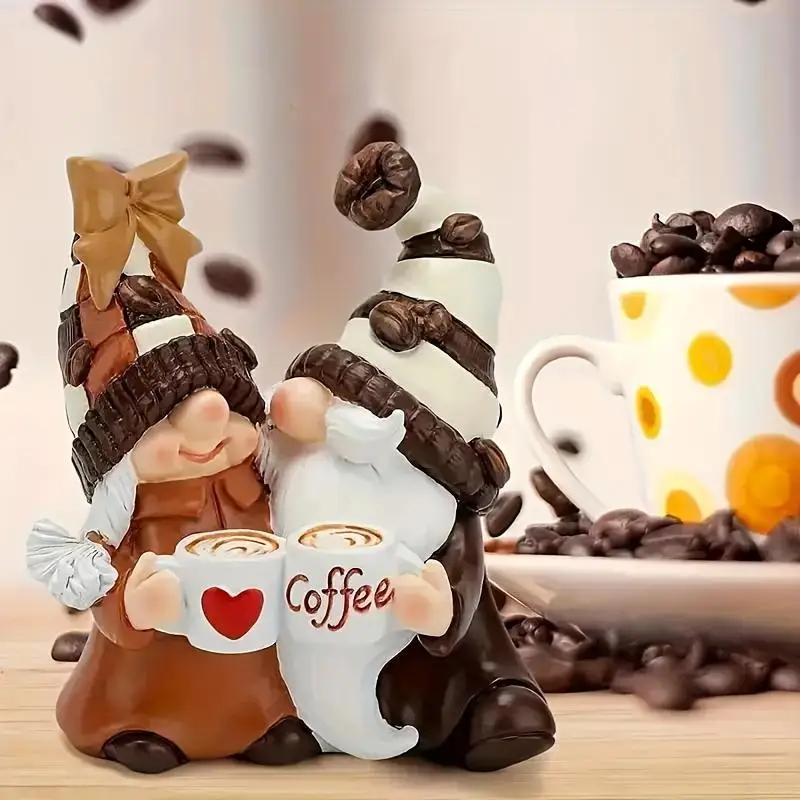 A romantic dwarf coffee couple embracing a statue, handmade and full of love, suitable for indoor home and kitchen placement