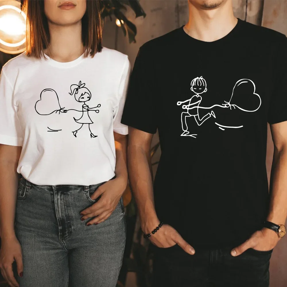 

King Queen Tshirt Fashion Lovers Tee Shirt Tops Clothes Cartoon Girl Heart Print Couple T Shirt Short Sleeve Aesthetic Clothes