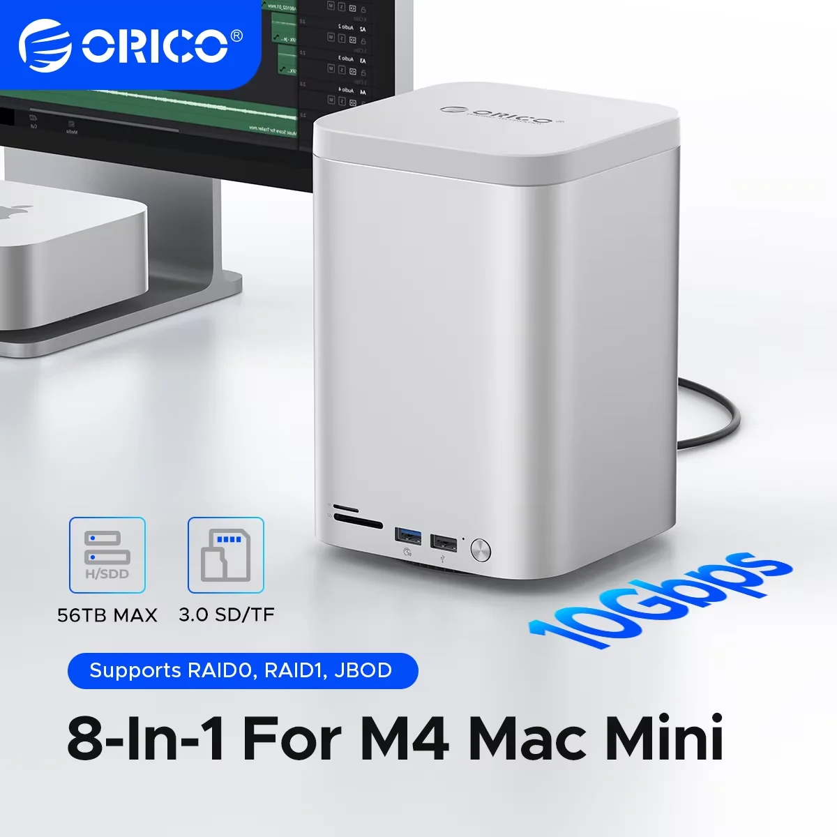 

ORICO MiniTower M.2 SSD 3,5-дюймовый корпус жесткого диска Тип C Док-станция Настольная гибридная система хранения DAS для Mac Mini M4