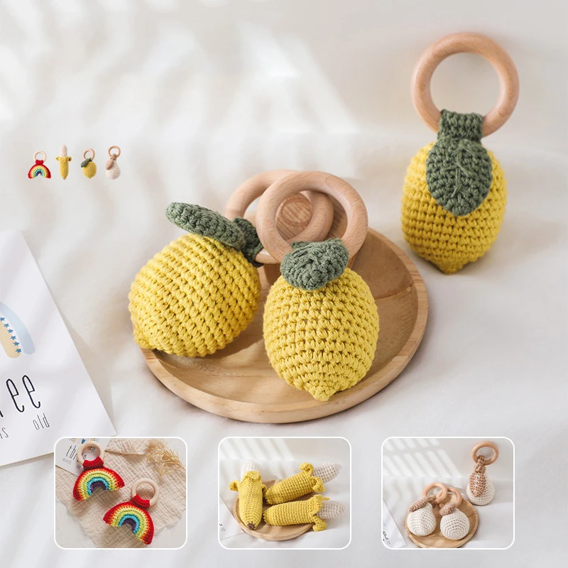 Para chocalho de limão mordida força exercício conforto brinquedo das crianças crochê frutas chocalho música brinquedo mordedor brinquedo recém-nascido chocalho presente
