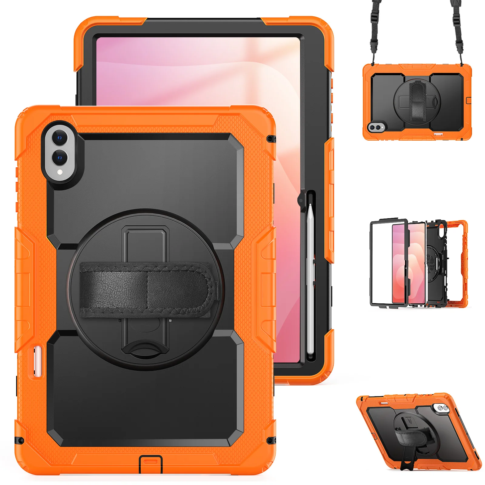 

For Samsung Galaxy Tab S11 Ultra Case Hand Strap Kickstand PC + Silicone Tablet Cover with PET Film and Shoulder Strap - Orange