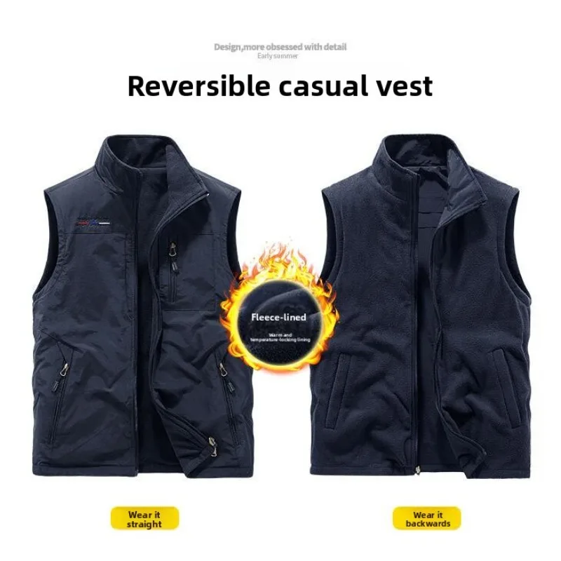 

New Fashion Men Reversible Casual Vests Coats Outdoor Fleece Warm Sleeveless Jackets Men Breathable Quick-drying Waistcoats 6